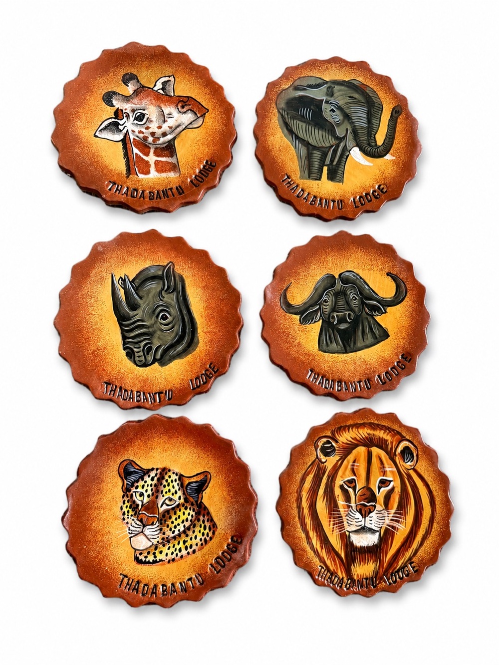 Vintage Safari Set/6 Genuine Leather Hand painted Safari Animal Coasters